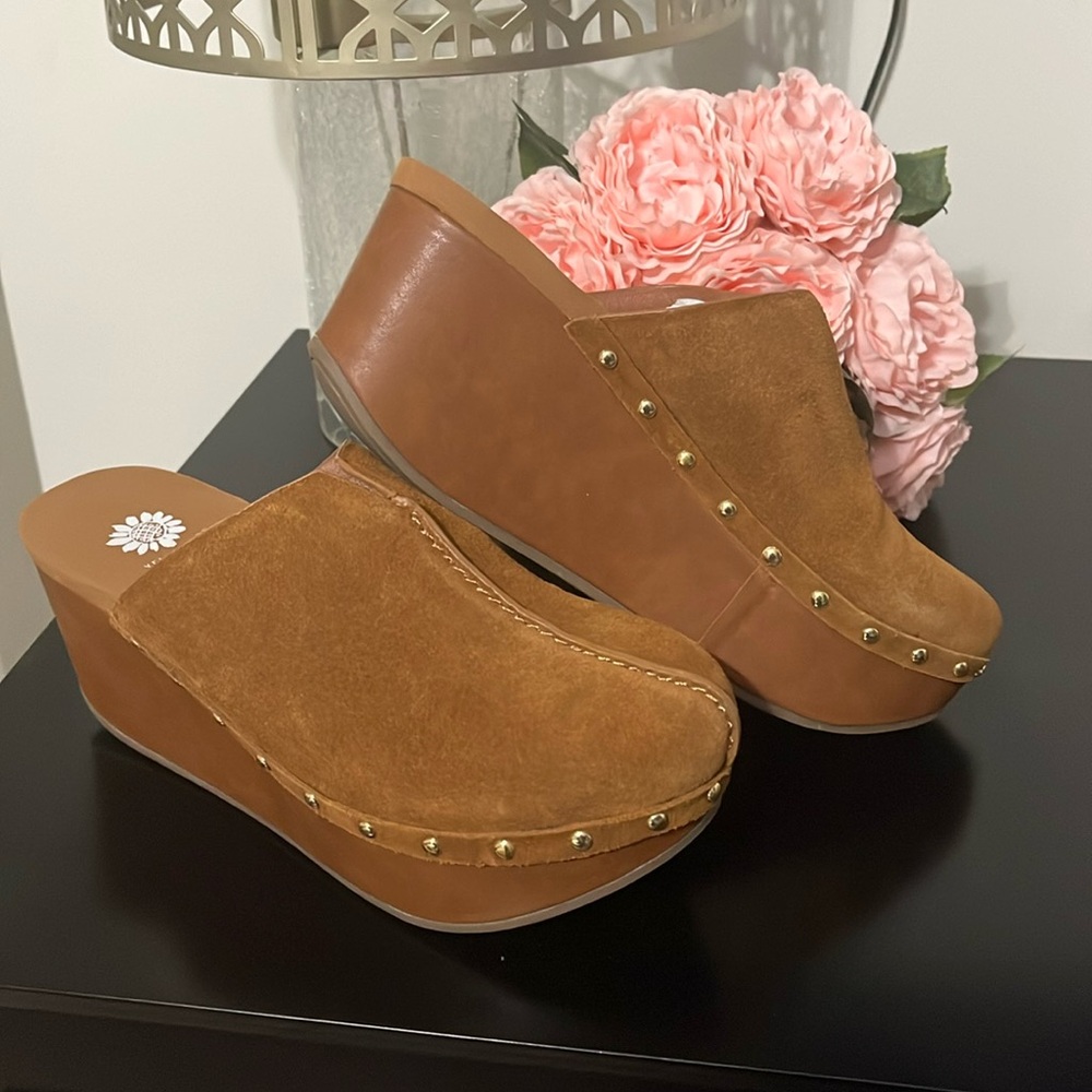 Yellow Box brand, tan, wedge clog mule